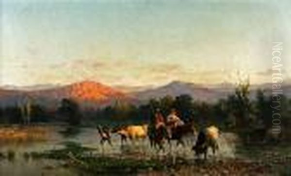 A Travelling Family On Horseback
 In Anextensive Landscape, With A Cattle Drover In The Foreground Oil Painting by Achille Vertunni