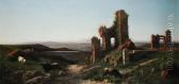 Antica Roma Paesaggio Con Rovine E Buoi Oil Painting by Achille Vertunni