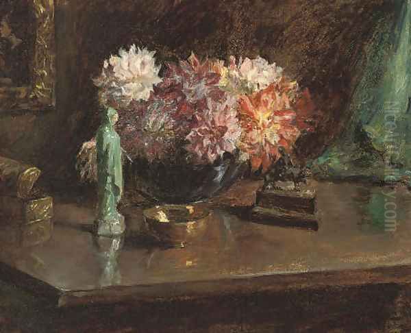 Chrysanthemums and figurines, on a table Oil Painting by Maud Stanhope Forbes