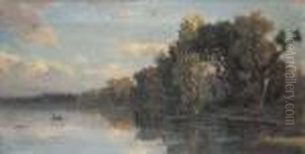 Scorcio Del Tevere Con Barca Oil Painting by Achille Vertunni