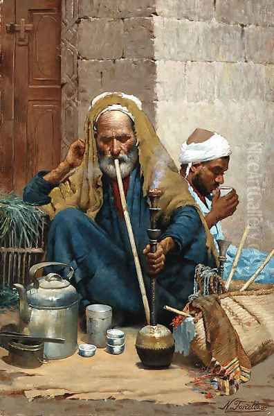 The hookah (The Old Carpet Seller) Oil Painting by Nicola Forcella