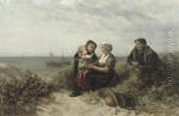 A Family In The Dunes Oil Painting by Elchanon Verveer