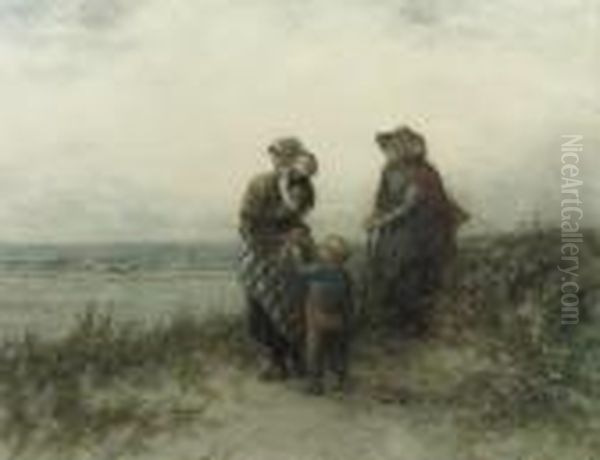 Fisherwomen Waiting In The Dunes Oil Painting by Elchanon Verveer