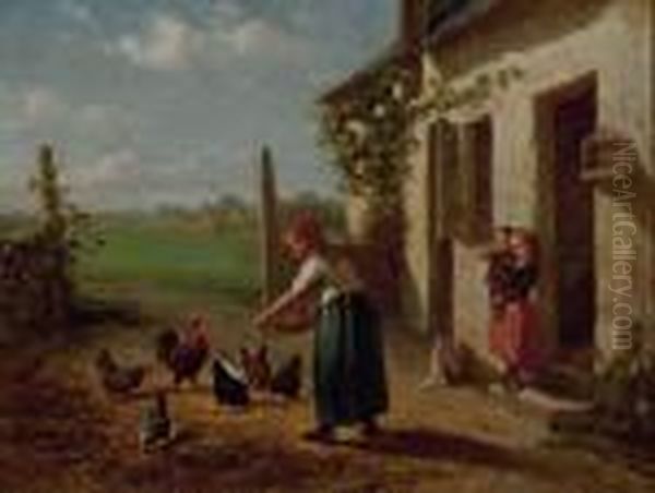 Feeding The Chickens Oil Painting by Elchanon Verveer