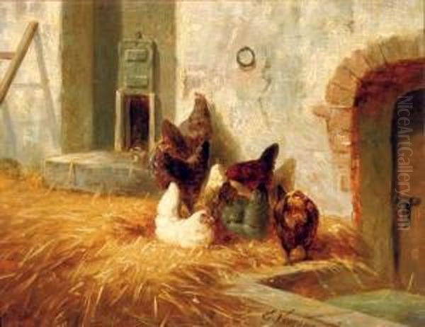 Hens Outside Their Pen Oil Painting by Elchanon Verveer