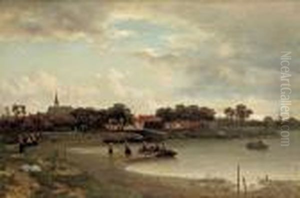 A Ferry Crossing Near A Dutch Town Oil Painting by Salomon Leonardus Verveer