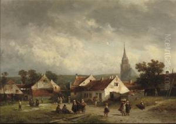 A View Of Scheveningen With Figures Strolling Oil Painting by Salomon Leonardus Verveer