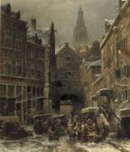 De Winter In Het Jodenkwartier Te Amsterdam Oil Painting by Salomon Leonardus Verveer