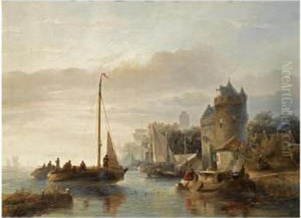 A Busy River Scene Oil Painting by Salomon Leonardus Verveer