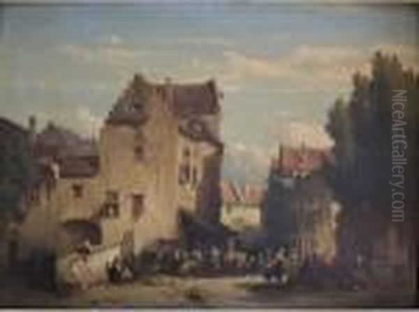 Vegetable Market In A Dutch Backstreet Oil Painting by Salomon Leonardus Verveer