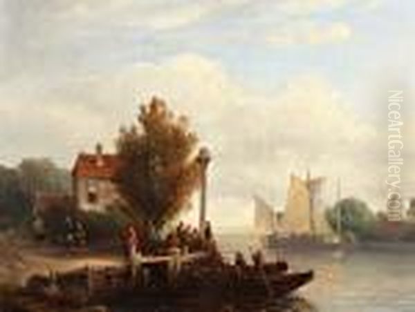 Figuren Op De Kade Bij Pontje Oil Painting by Salomon Leonardus Verveer