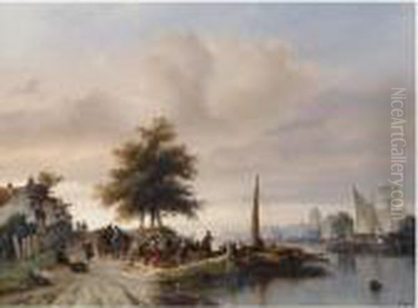 The Ferry On The Maas Near Dordrecht Oil Painting by Salomon Leonardus Verveer