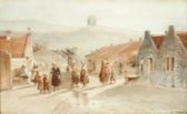 Figures In A Village Street Oil Painting by Salomon Leonardus Verveer