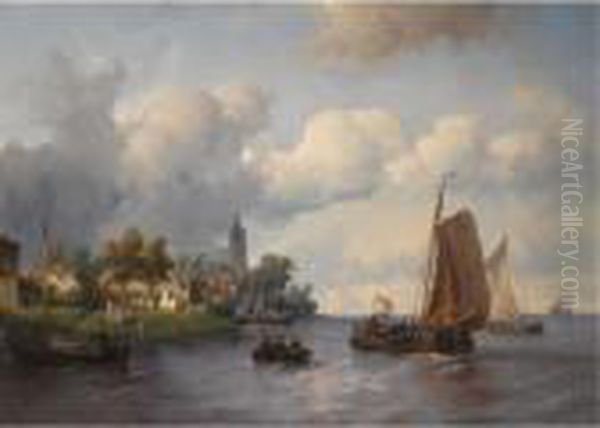 Sailing Ships Near A Town Oil Painting by Salomon Leonardus Verveer