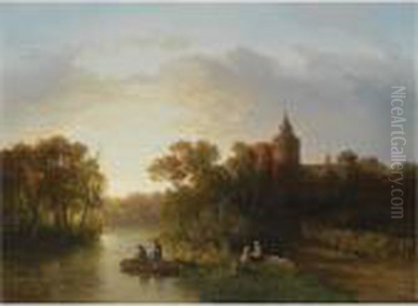 Fishermen And Resting Figures In A River Landscape Oil Painting by Salomon Leonardus Verveer