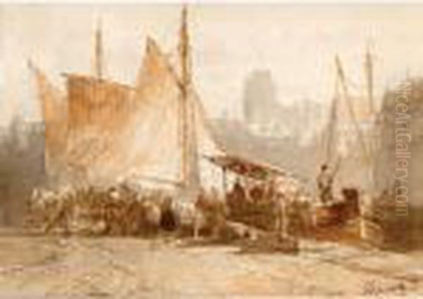 Unloading The Catch, Dordrecht Oil Painting by Salomon Leonardus Verveer