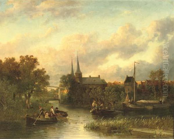 Fishing By A Riverside Town Oil Painting by Salomon Leonardus Verveer