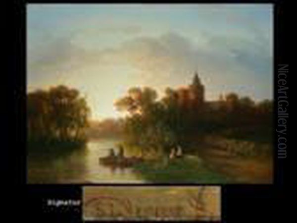 Fischer Am Fluss Vor Schlossanlage Oil Painting by Salomon Leonardus Verveer