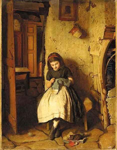 Mending father's socks Oil Painting by William Baater Collier Fyfe