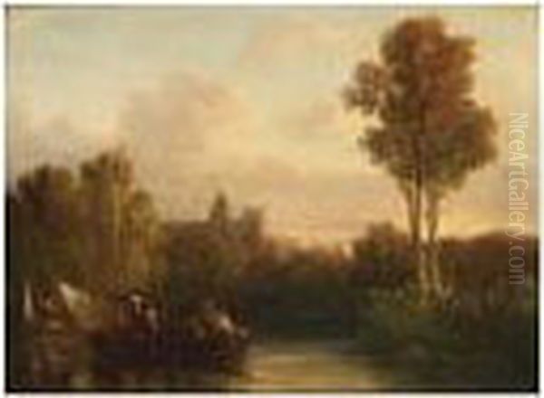 A Riverlandscape At Dusk Oil Painting by Salomon Leonardus Verveer