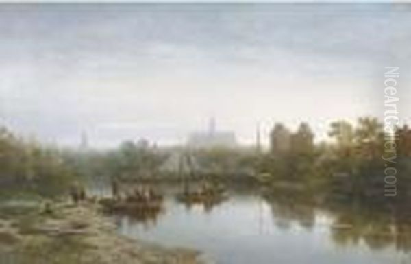 Crossing A Canal At Dusk On The Outskirts Of A Town Oil Painting by Salomon Leonardus Verveer