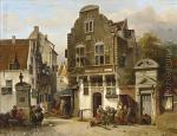 Town With Figures Near A Water Pump Oil Painting by Salomon Leonardus Verveer