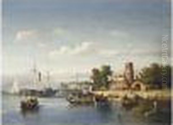 A Paddle-boat And A Ferry On The Merwede Near Woudrichem Oil Painting by Salomon Leonardus Verveer