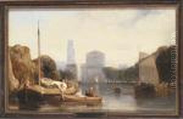 Barges On A River, Rotterdam Oil Painting by Salomon Leonardus Verveer