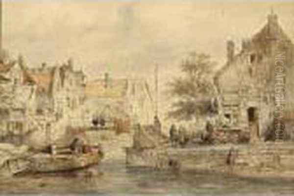 A Town View With Figures By A Canal Oil Painting by Salomon Leonardus Verveer