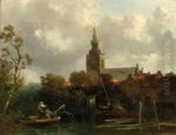 A View Of Overschie With Fishermen In A Rowing Boat In The Foreground Oil Painting by Salomon Leonardus Verveer