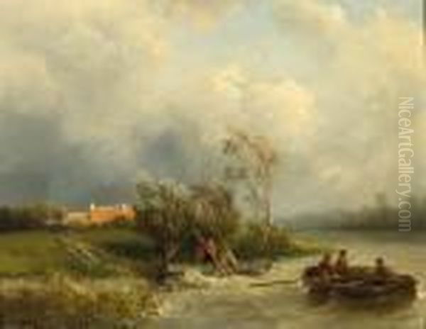 Fishermen In A Rowing Boat On A Choppy River Oil Painting by Salomon Leonardus Verveer