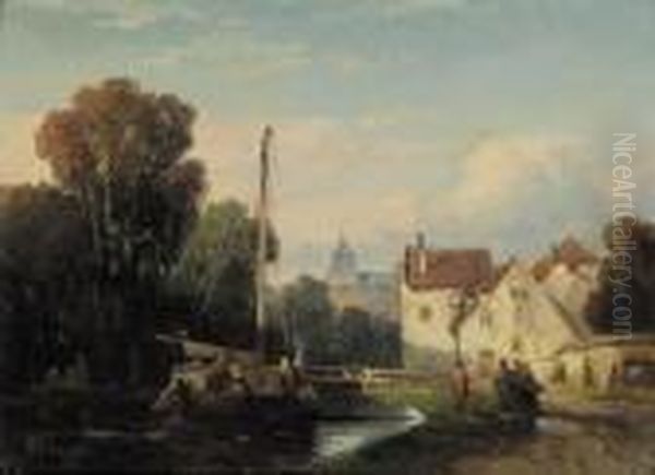 A Summer's Day With Figures Along A Canal Oil Painting by Salomon Leonardus Verveer