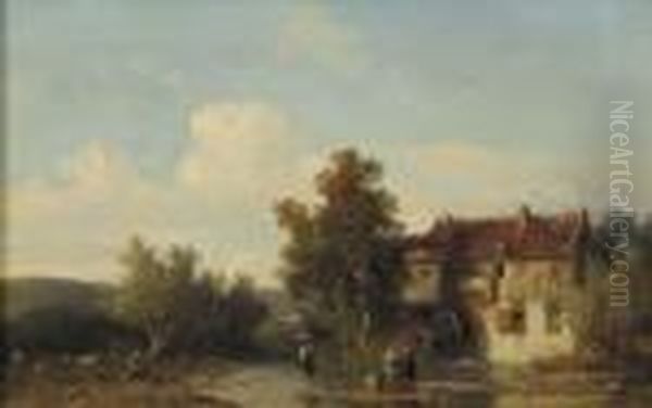 A Summer Landscape With Villagers In A Stream By A Watermill Oil Painting by Salomon Leonardus Verveer