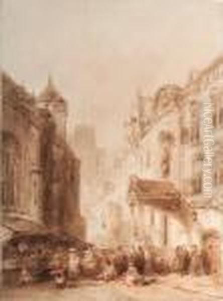 Street Scene In A French Town Oil Painting by Salomon Leonardus Verveer