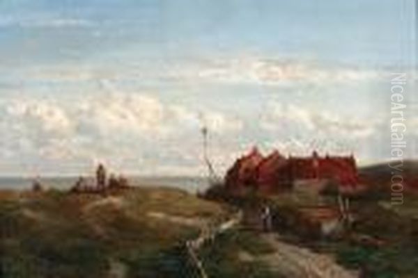 A Coastal Fishing Village With Figures On A Dune Looking Out Atsea Oil Painting by Salomon Leonardus Verveer