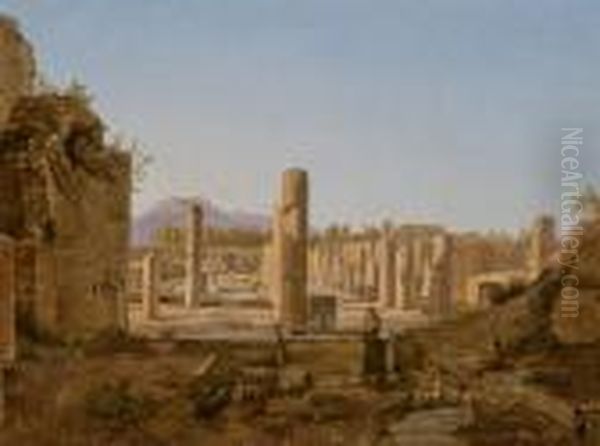 Couple De Bergers Avec Des Agneaux Devant Les Ruines Depompei Oil Painting by Frans Vervloet