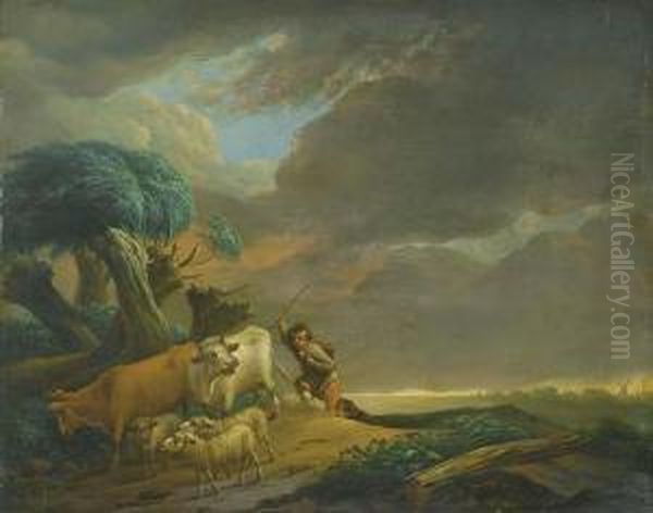 River Landscape With Herd And Approaching Storm. Oil Painting by Frans Vervloet