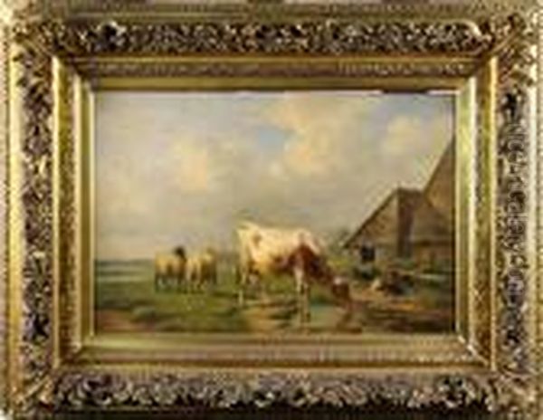 Vache A L'abreuvoir Oil Painting by Alfred Jacques Verwee