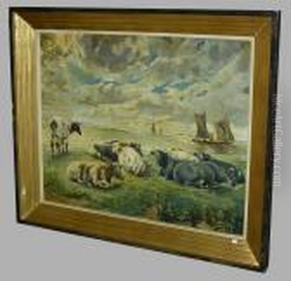 Vaches En Bord De Mer Oil Painting by Alfred Jacques Verwee