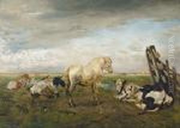 Polder Landscape Withhorse And Cows Oil Painting by Alfred Jacques Verwee