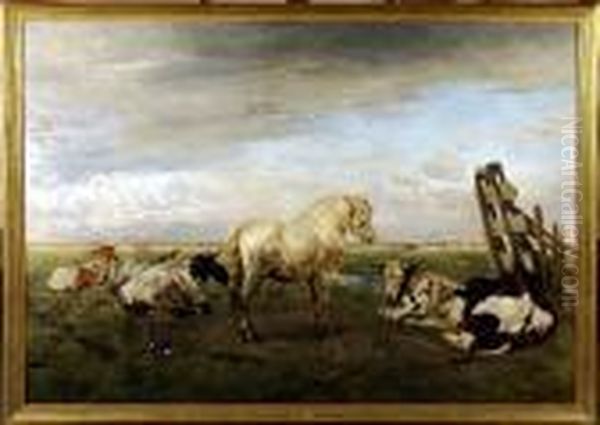 [vaches Et Chevaux Dans Les Pres] Oil Painting by Alfred Jacques Verwee