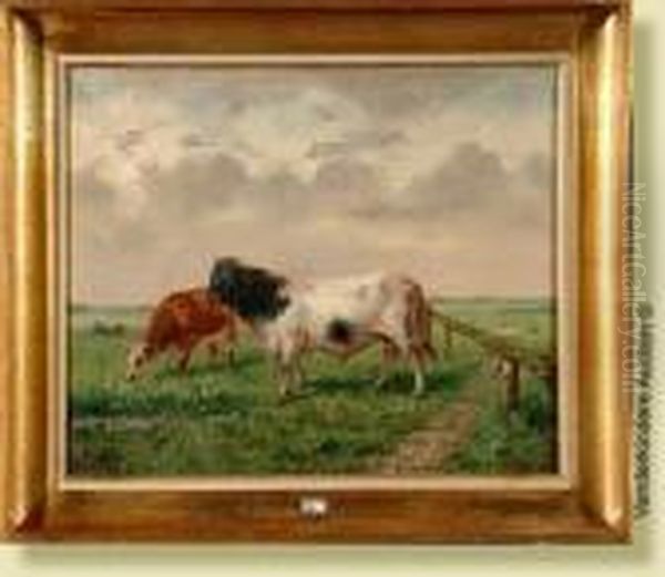 Taureau Et Vaches Au Pre Oil Painting by Alfred Jacques Verwee