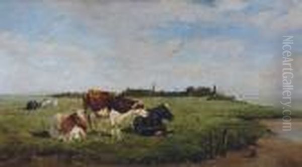 Polder Landscape With Cattle Near The Bank Oil Painting by Alfred Jacques Verwee