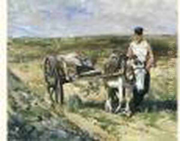 Polderlandschap Met Boer En Kar (1885) Oil Painting by Alfred Jacques Verwee