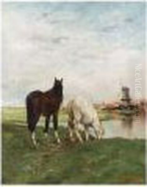 Watering Horses Oil Painting by Alfred Jacques Verwee