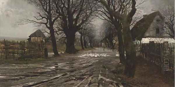 Geese on a country lane Oil Painting by Victor Freudemann