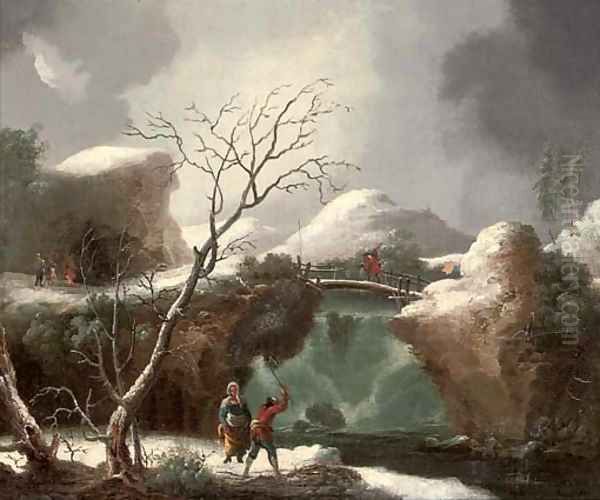 A winter landscape with figures by a waterfall Oil Painting by Francesco Foschi