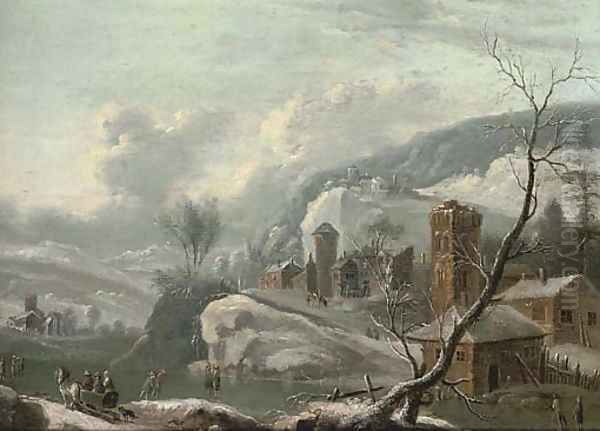 A winter landscape with figures skating, a town beyond Oil Painting by Francesco Foschi