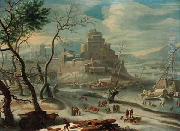 A view of an Italian walled town in winter, thought to be Verona Oil Painting by Francesco Foschi