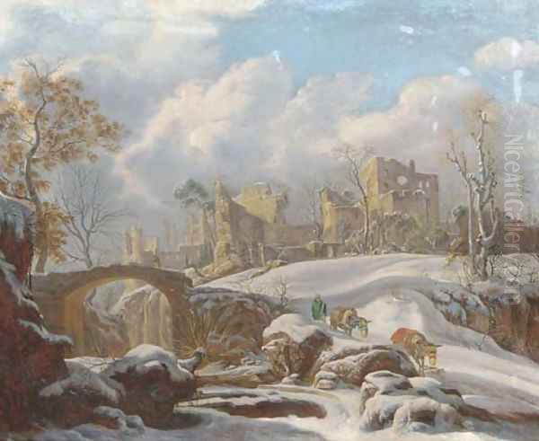 A winter landscape with a peasant and his mules by a frozen stream, ruins in the distance Oil Painting by Francesco Foschi